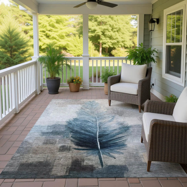 3' X 5' Teal Blue And Pewter Botanical Leaves Washable Indoor Outdoor Area Rug Homeroots Outdoor