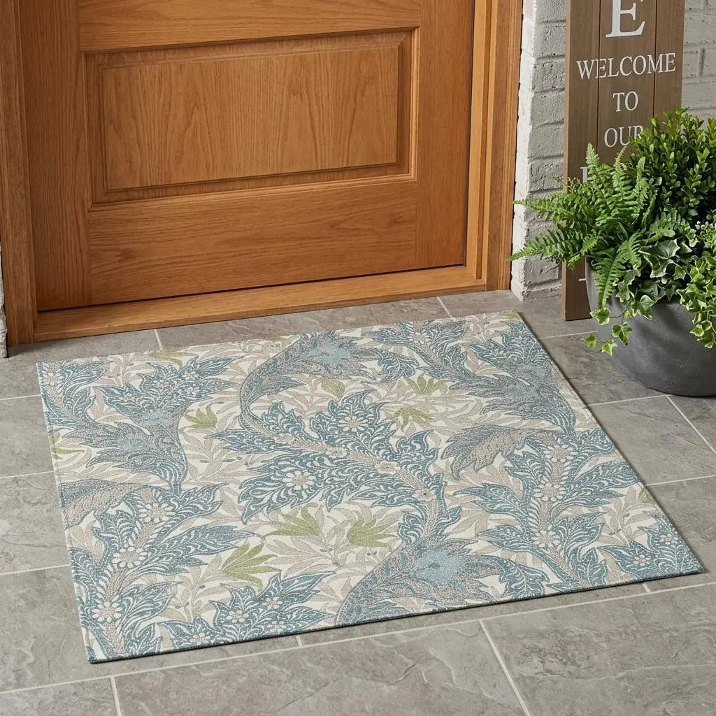 3' X 5' Teal Blue And Pewter Botanical Leaves Washable Indoor Outdoor Area Rug Homeroots Outdoor