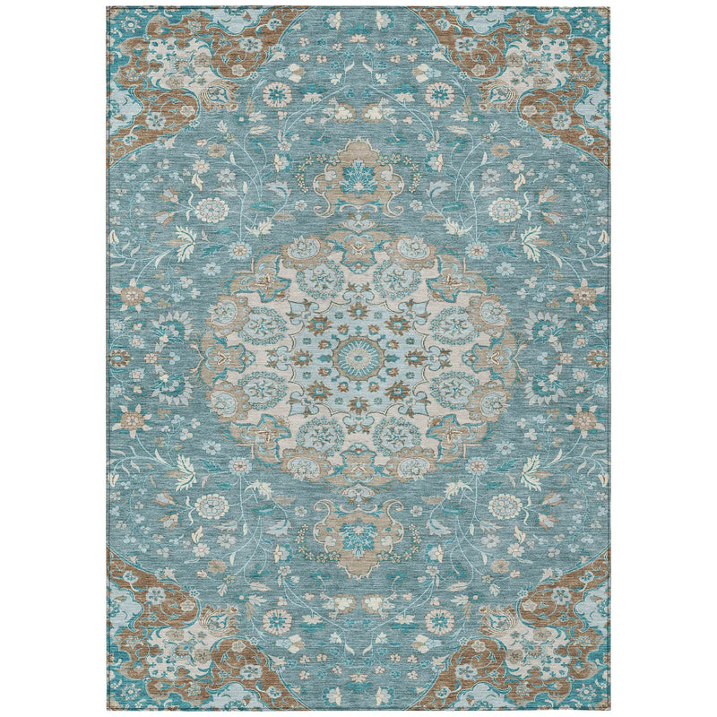 3' X 5' Teal Blue And Pewter Damask Washable Indoor Outdoor Area Rug Homeroots Outdoor