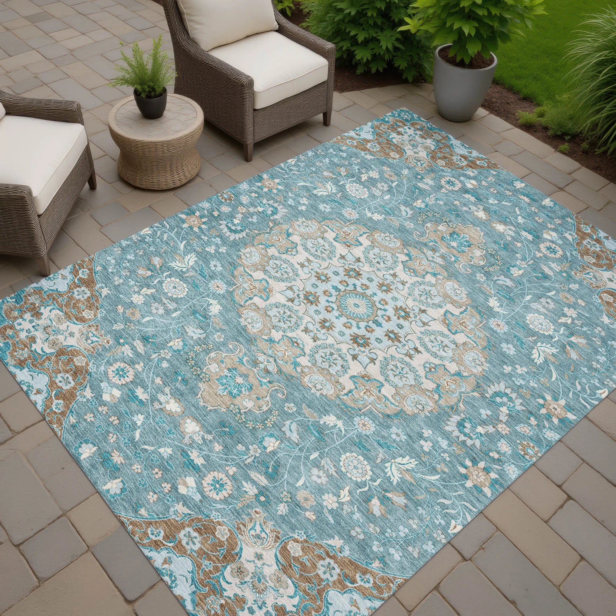 3' X 5' Teal Blue And Pewter Damask Washable Indoor Outdoor Area Rug Homeroots Outdoor