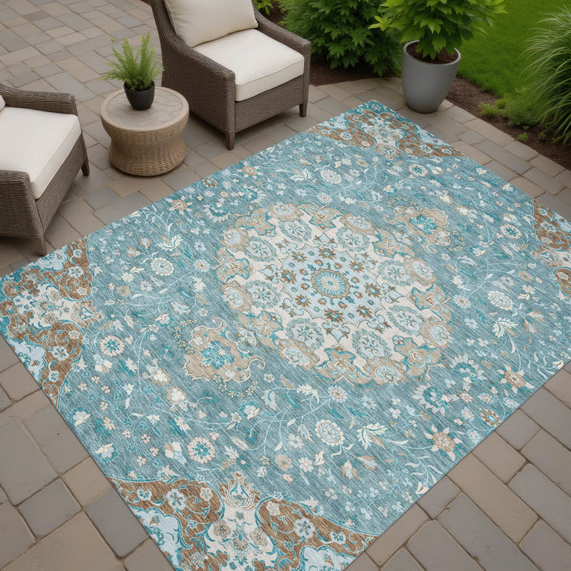 3' X 5' Teal Blue And Pewter Damask Washable Indoor Outdoor Area Rug Homeroots Outdoor