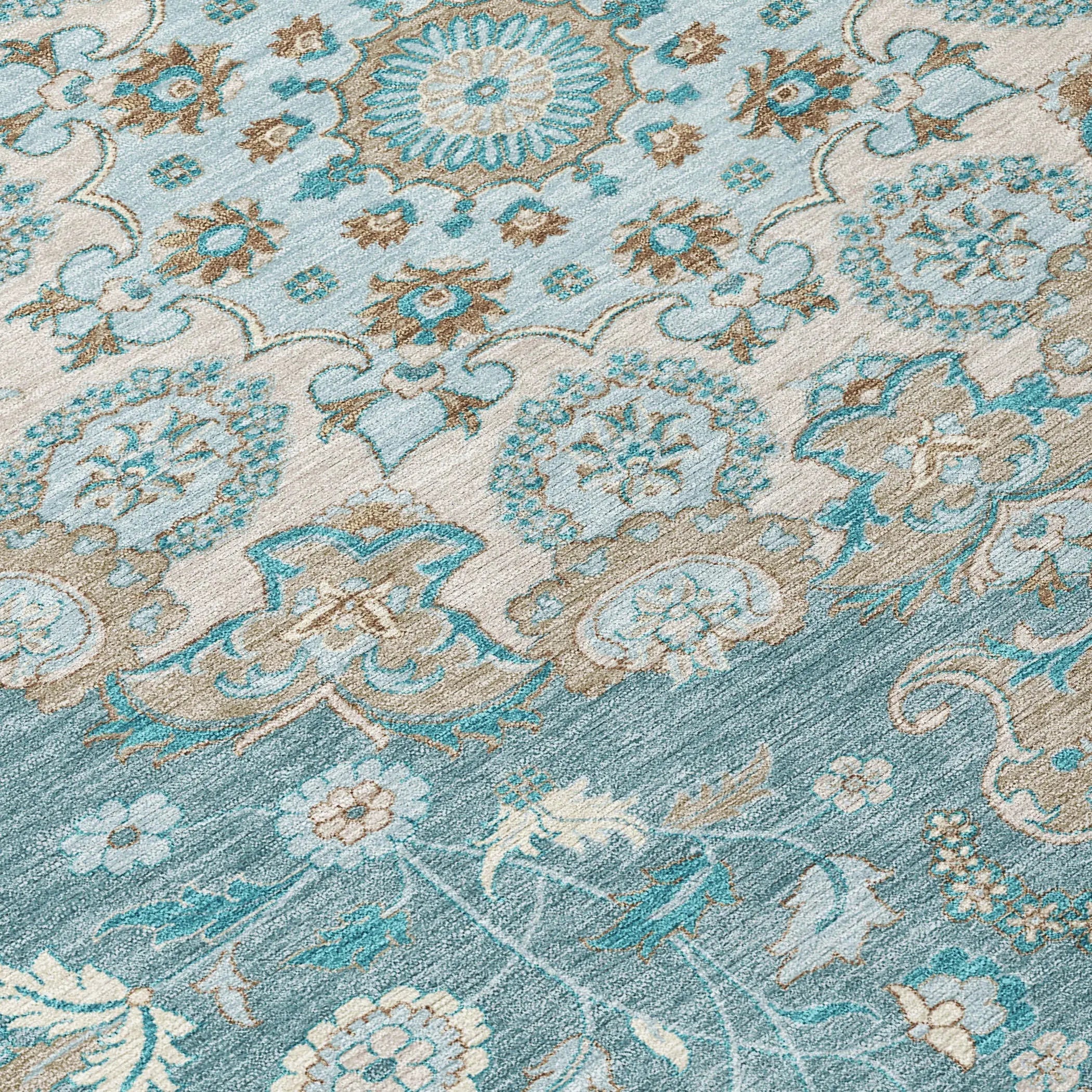 3' X 5' Teal Blue And Pewter Damask Washable Indoor Outdoor Area Rug Homeroots Outdoor