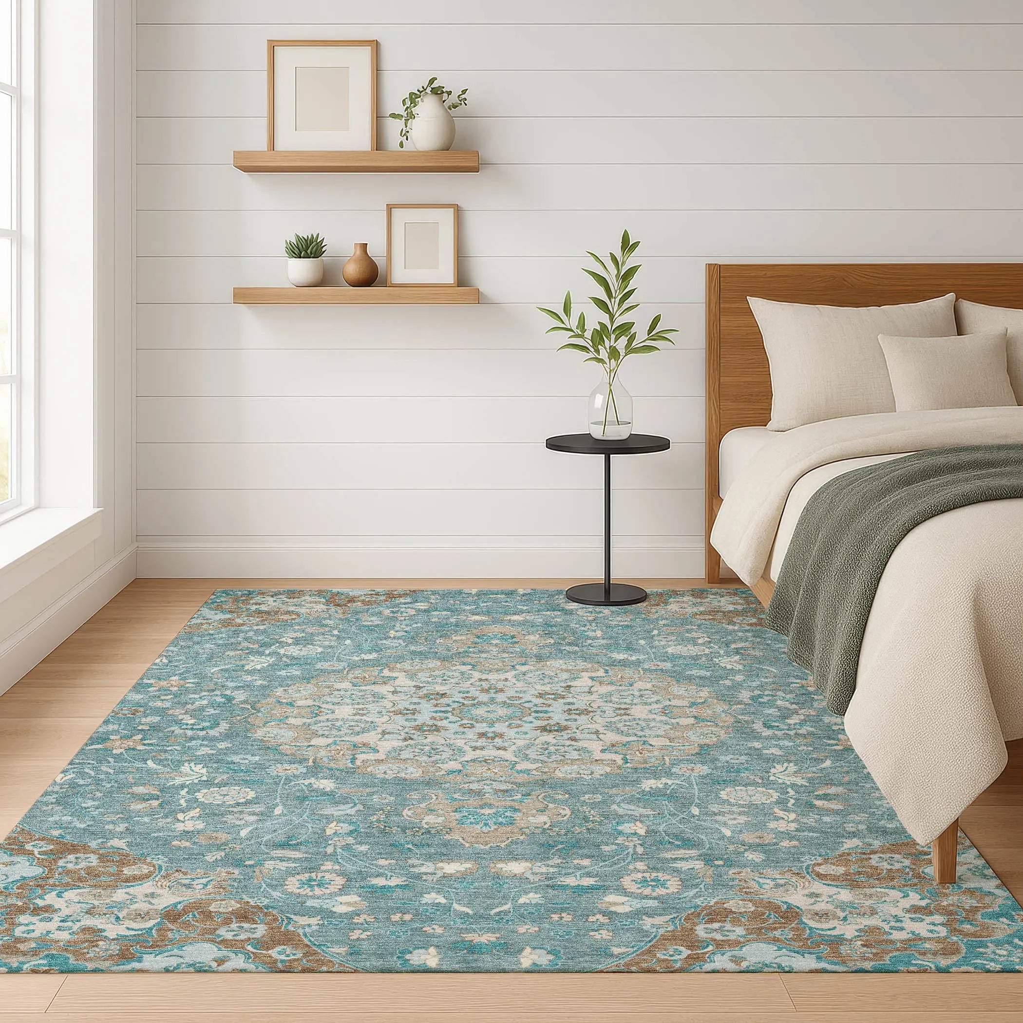 3' X 5' Teal Blue And Pewter Damask Washable Indoor Outdoor Area Rug Homeroots Outdoor