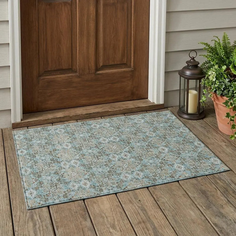 3' X 5' Teal Blue And Pewter Damask Washable Indoor Outdoor Area Rug Homeroots Outdoor