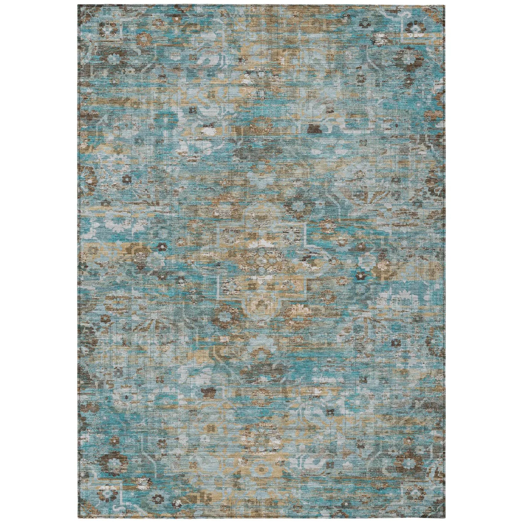 3' X 5' Teal Blue And Pewter Floral Medallion Washable Indoor Outdoor Area Rug Homeroots Outdoor