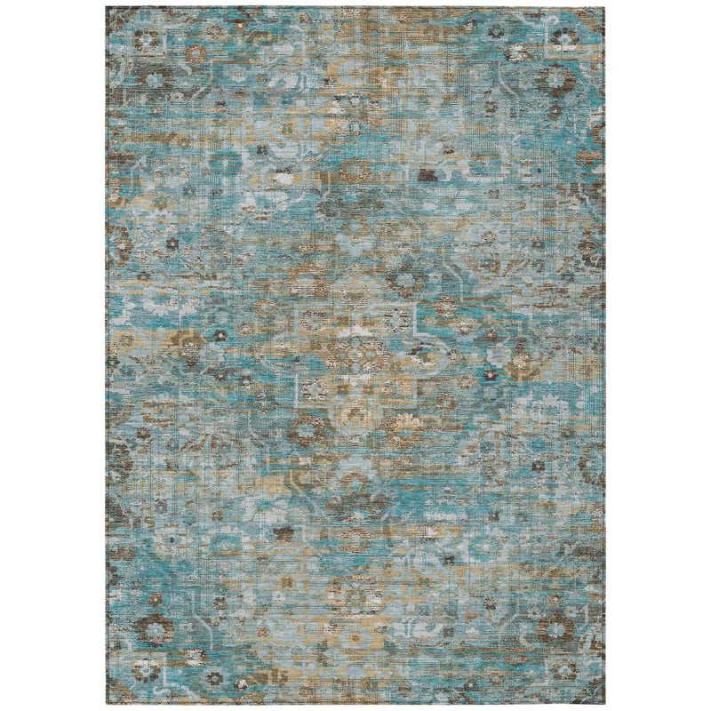 3' X 5' Teal Blue And Pewter Floral Medallion Washable Indoor Outdoor Area Rug Homeroots Outdoor