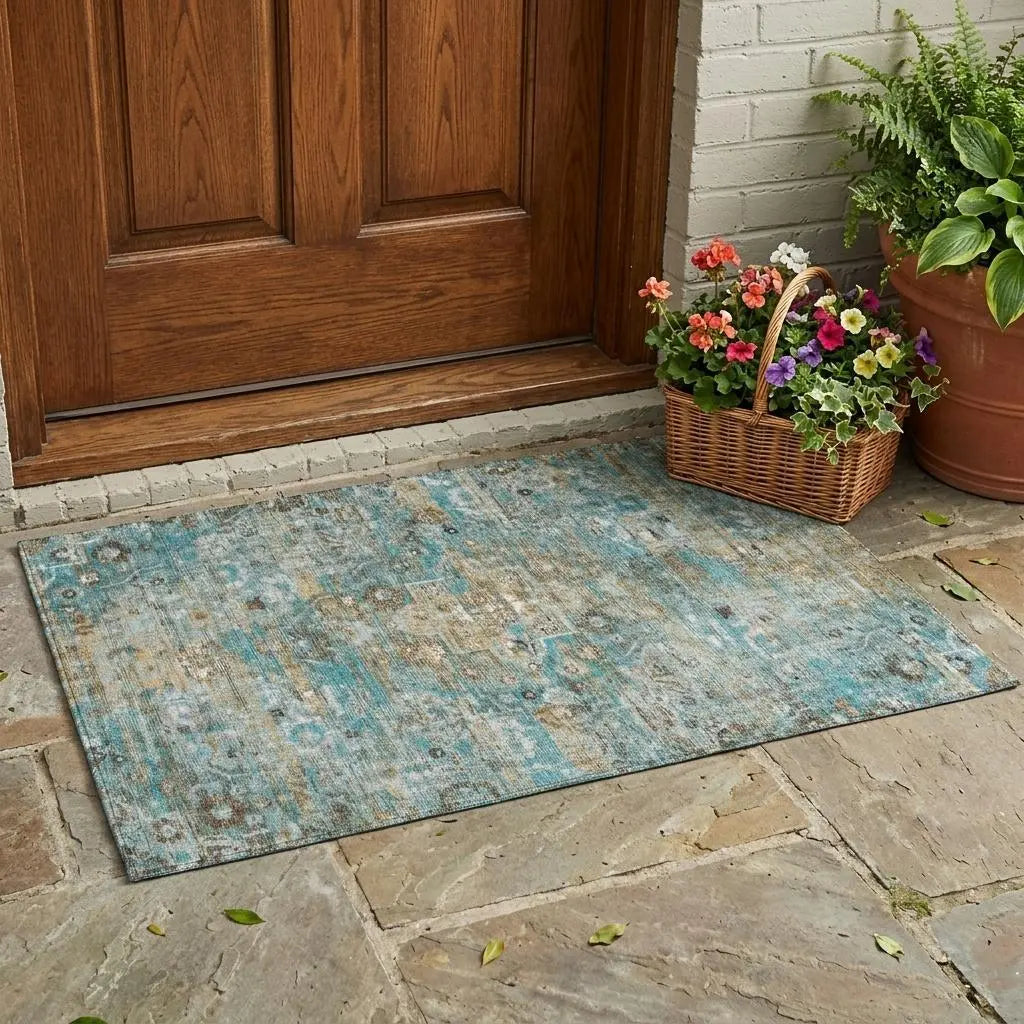 3' X 5' Teal Blue And Pewter Floral Medallion Washable Indoor Outdoor Area Rug Homeroots Outdoor