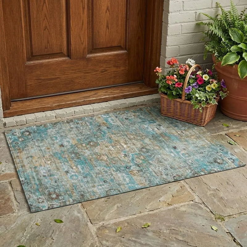 3' X 5' Teal Blue And Pewter Floral Medallion Washable Indoor Outdoor Area Rug Homeroots Outdoor