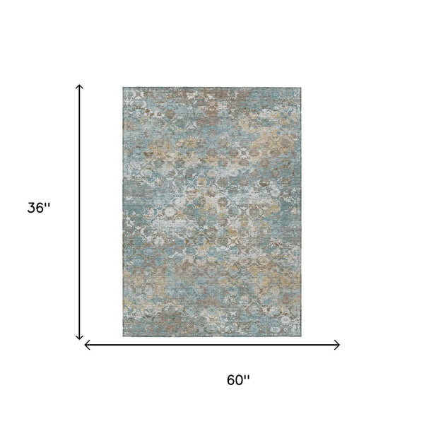 3' X 5' Teal Blue And Pewter Floral Medallion Washable Indoor Outdoor Area Rug Homeroots Outdoor
