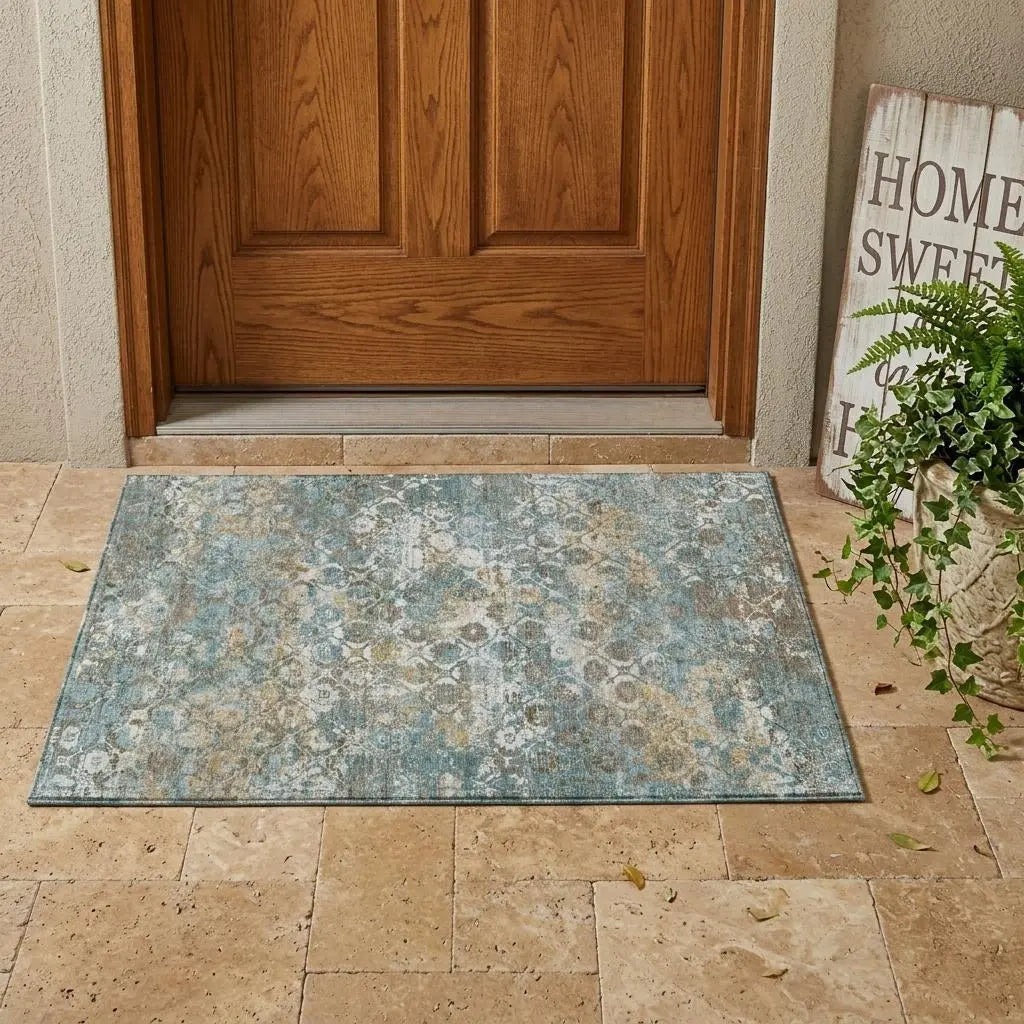 3' X 5' Teal Blue And Pewter Floral Medallion Washable Indoor Outdoor Area Rug Homeroots Outdoor
