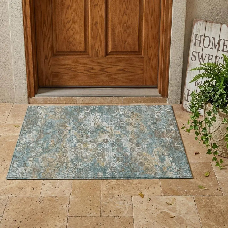 3' X 5' Teal Blue And Pewter Floral Medallion Washable Indoor Outdoor Area Rug Homeroots Outdoor