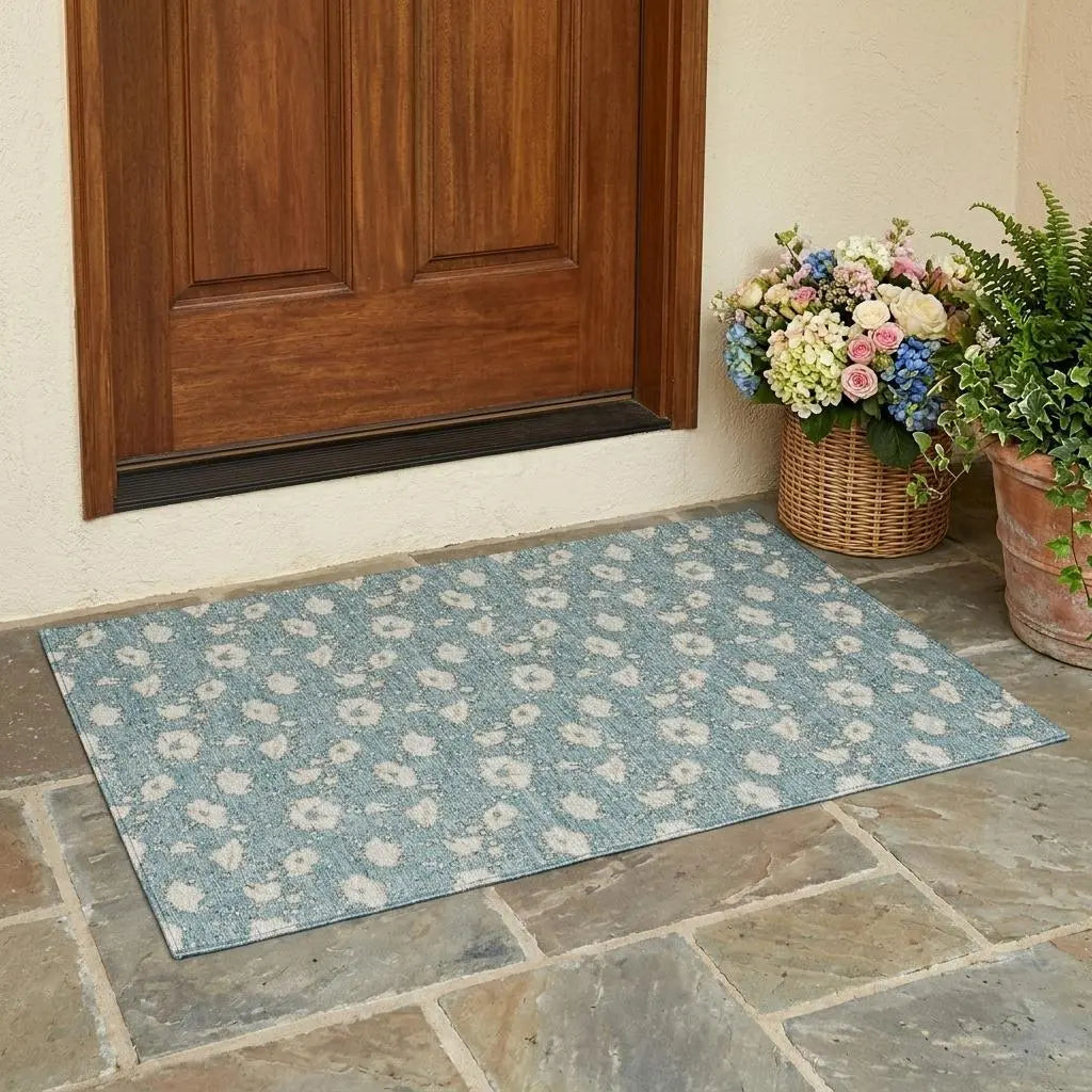 3' X 5' Teal Blue And Pewter Floral Washable Indoor Outdoor Area Rug Homeroots Outdoor