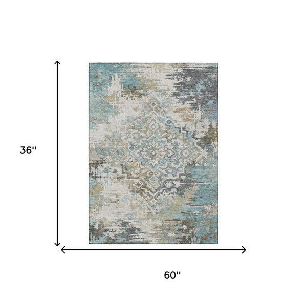 3' X 5' Teal Blue And Pewter Medallion Washable Indoor Outdoor Area Rug Homeroots Outdoor