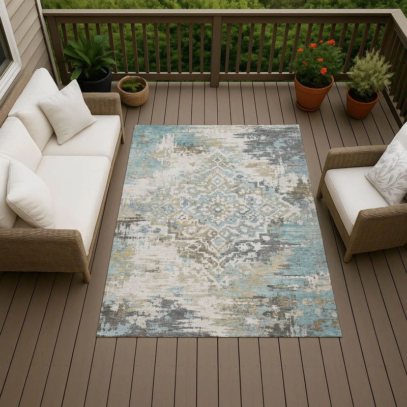 3' X 5' Teal Blue And Pewter Medallion Washable Indoor Outdoor Area Rug Homeroots Outdoor