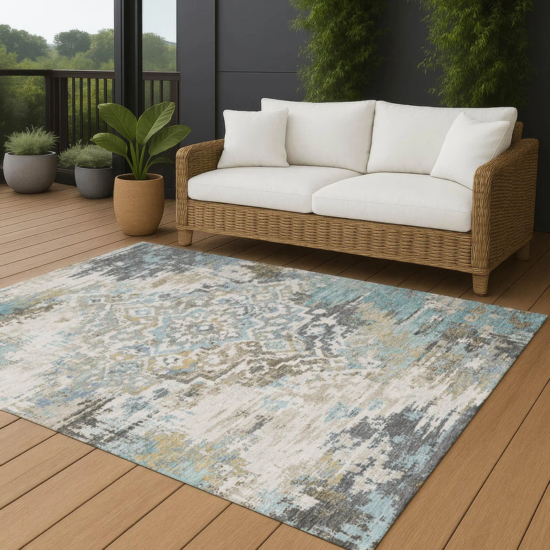 3' X 5' Teal Blue And Pewter Medallion Washable Indoor Outdoor Area Rug Homeroots Outdoor