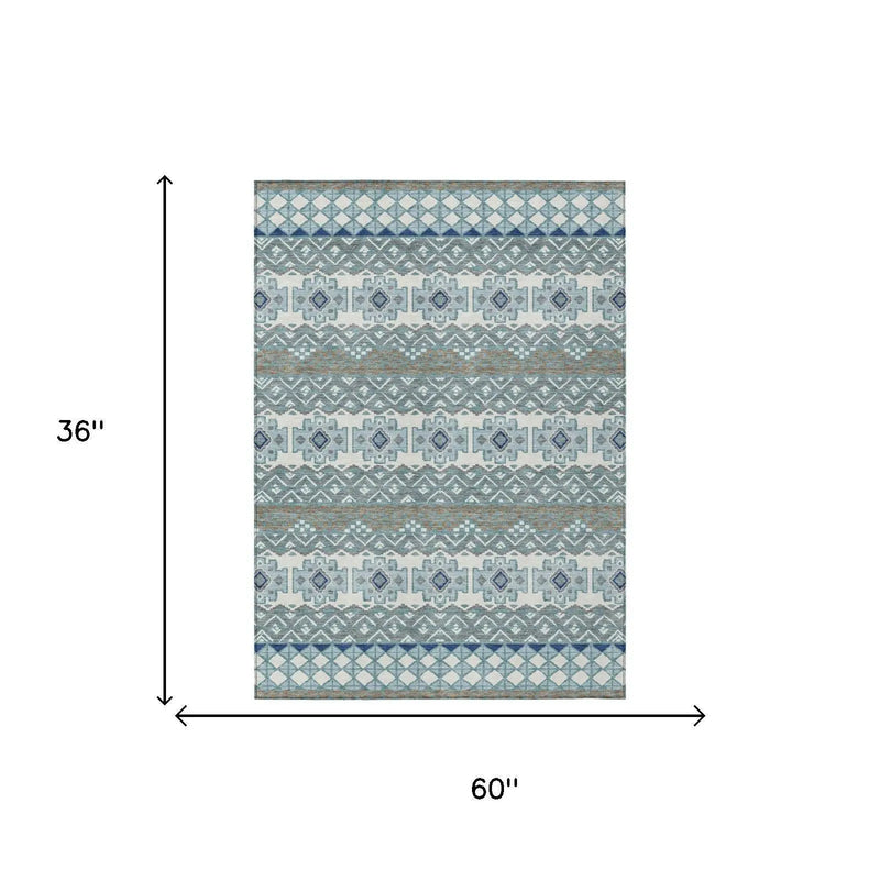 3' X 5' Teal Blue And Pewter Striped Washable Indoor Outdoor Area Rug Homeroots Outdoor