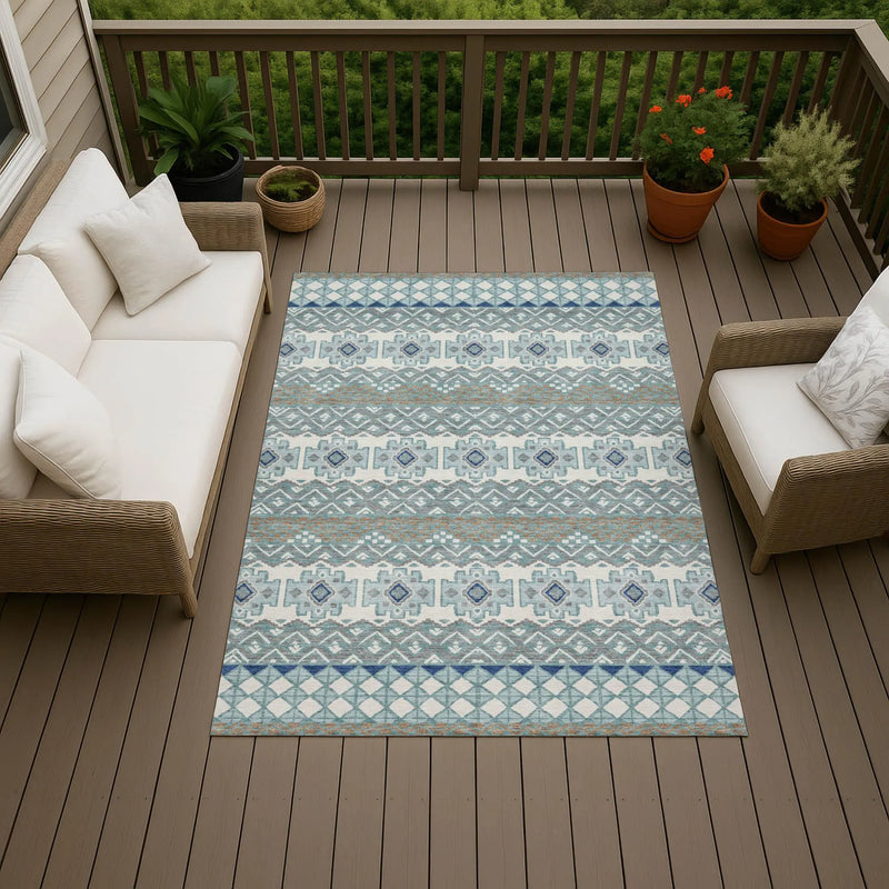 3' X 5' Teal Blue And Pewter Striped Washable Indoor Outdoor Area Rug Homeroots Outdoor