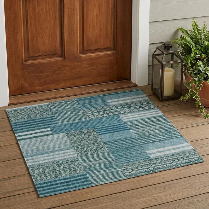 3' X 5' Teal Blue And Pewter Striped Washable Indoor Outdoor Area Rug Homeroots Outdoor