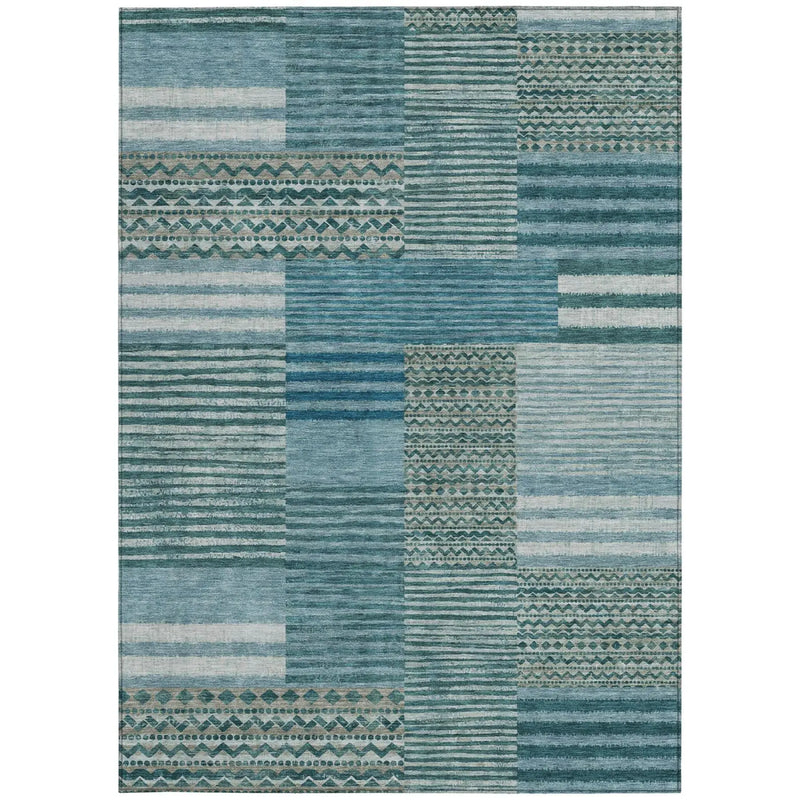 3' X 5' Teal Blue And Pewter Striped Washable Indoor Outdoor Area Rug Homeroots Outdoor