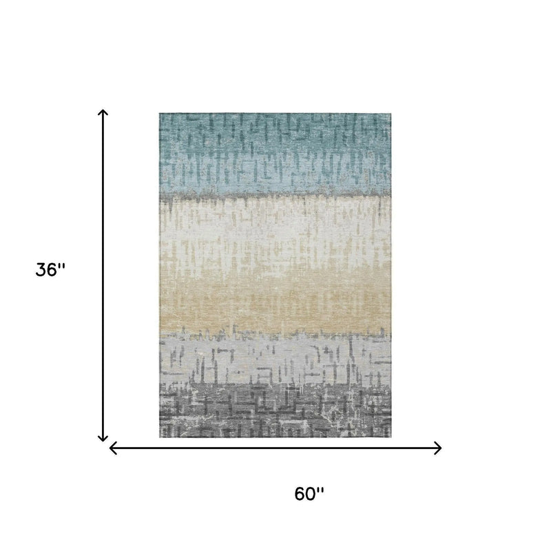 3' X 5' Teal Blue And Pewter Striped Washable Indoor Outdoor Area Rug Homeroots Outdoor