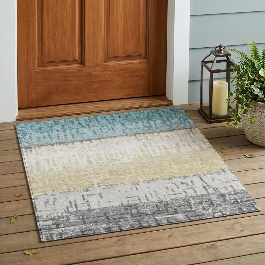 3' X 5' Teal Blue And Pewter Striped Washable Indoor Outdoor Area Rug Homeroots Outdoor