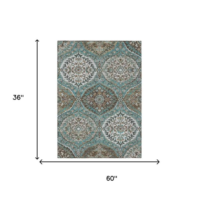 3' X 5' Teal Blue And Purple Ogee Washable Indoor Outdoor Area Rug Homeroots Outdoor
