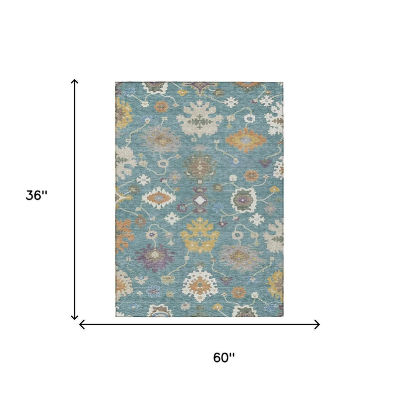 3' X 5' Teal Blue And Sage Oriental Washable Indoor Outdoor Area Rug Homeroots Outdoor
