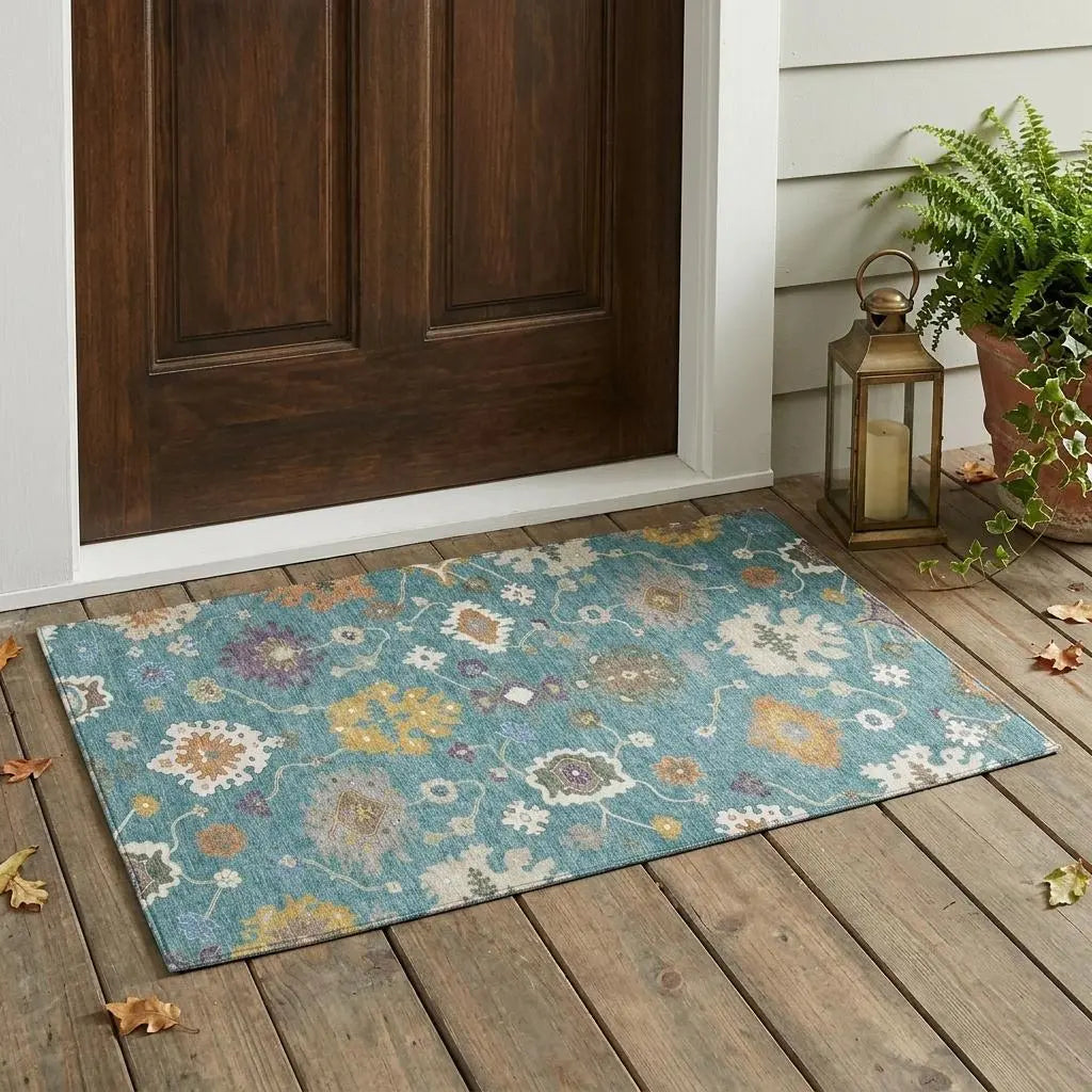 3' X 5' Teal Blue And Sage Oriental Washable Indoor Outdoor Area Rug Homeroots Outdoor