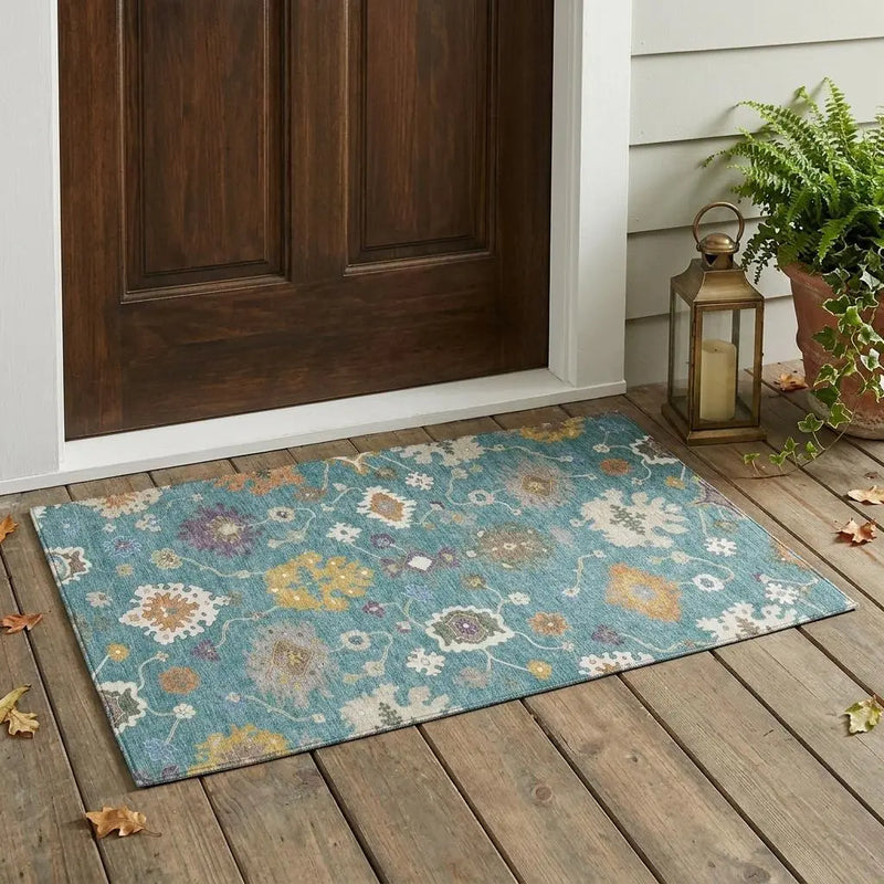 3' X 5' Teal Blue And Sage Oriental Washable Indoor Outdoor Area Rug Homeroots Outdoor