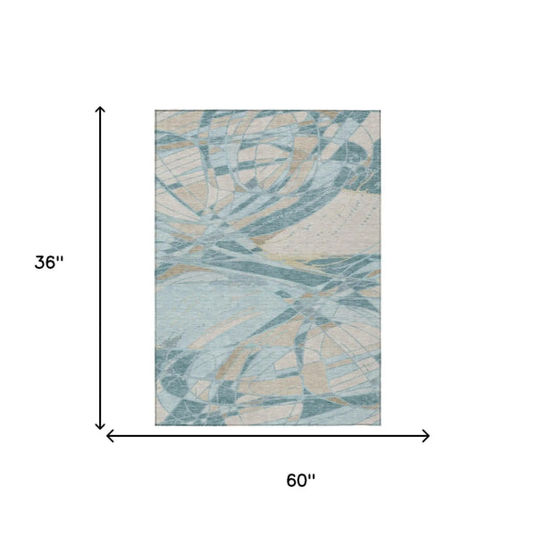 3' X 5' Teal Blue And Silver Abstract Washable Indoor Outdoor Area Rug Homeroots Outdoor