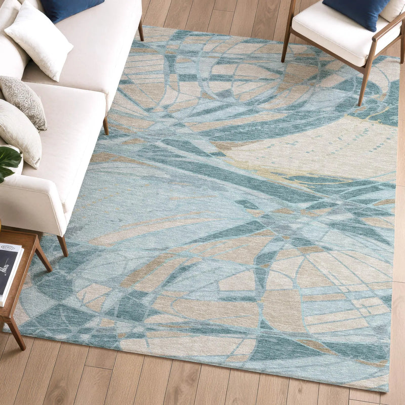 3' X 5' Teal Blue And Silver Abstract Washable Indoor Outdoor Area Rug Homeroots Outdoor