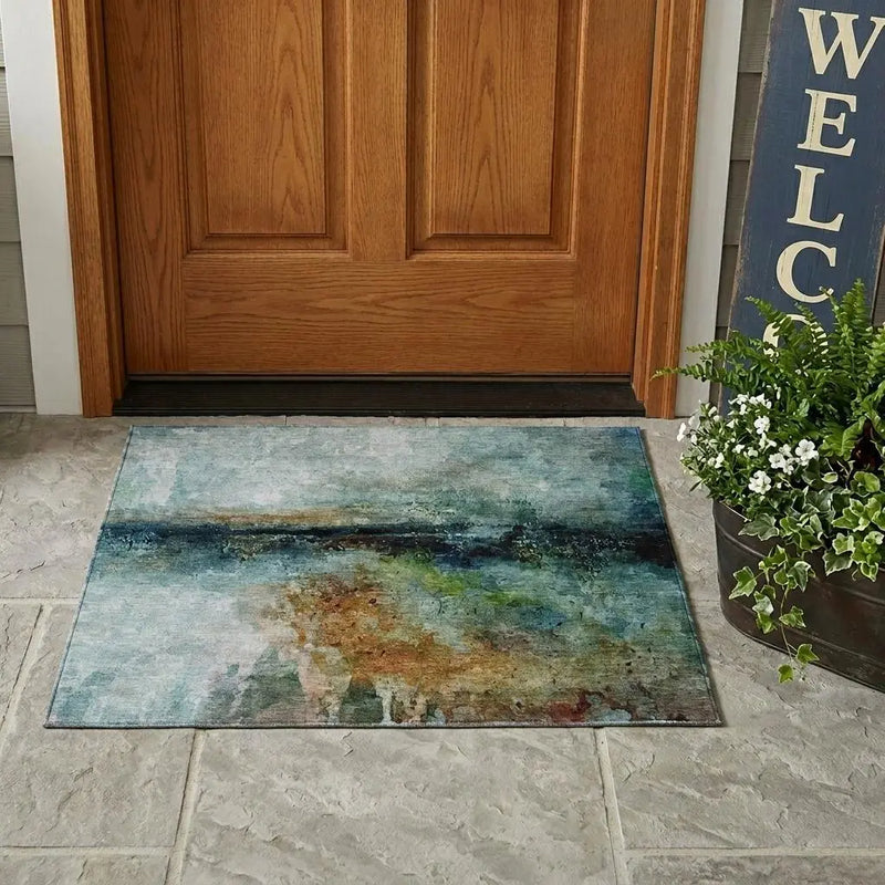 3' X 5' Teal Blue And Silver Abstract Washable Indoor Outdoor Area Rug Homeroots Outdoor
