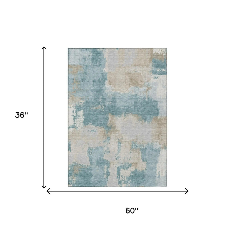 3' X 5' Teal Blue And Silver Abstract Washable Indoor Outdoor Area Rug Homeroots Outdoor