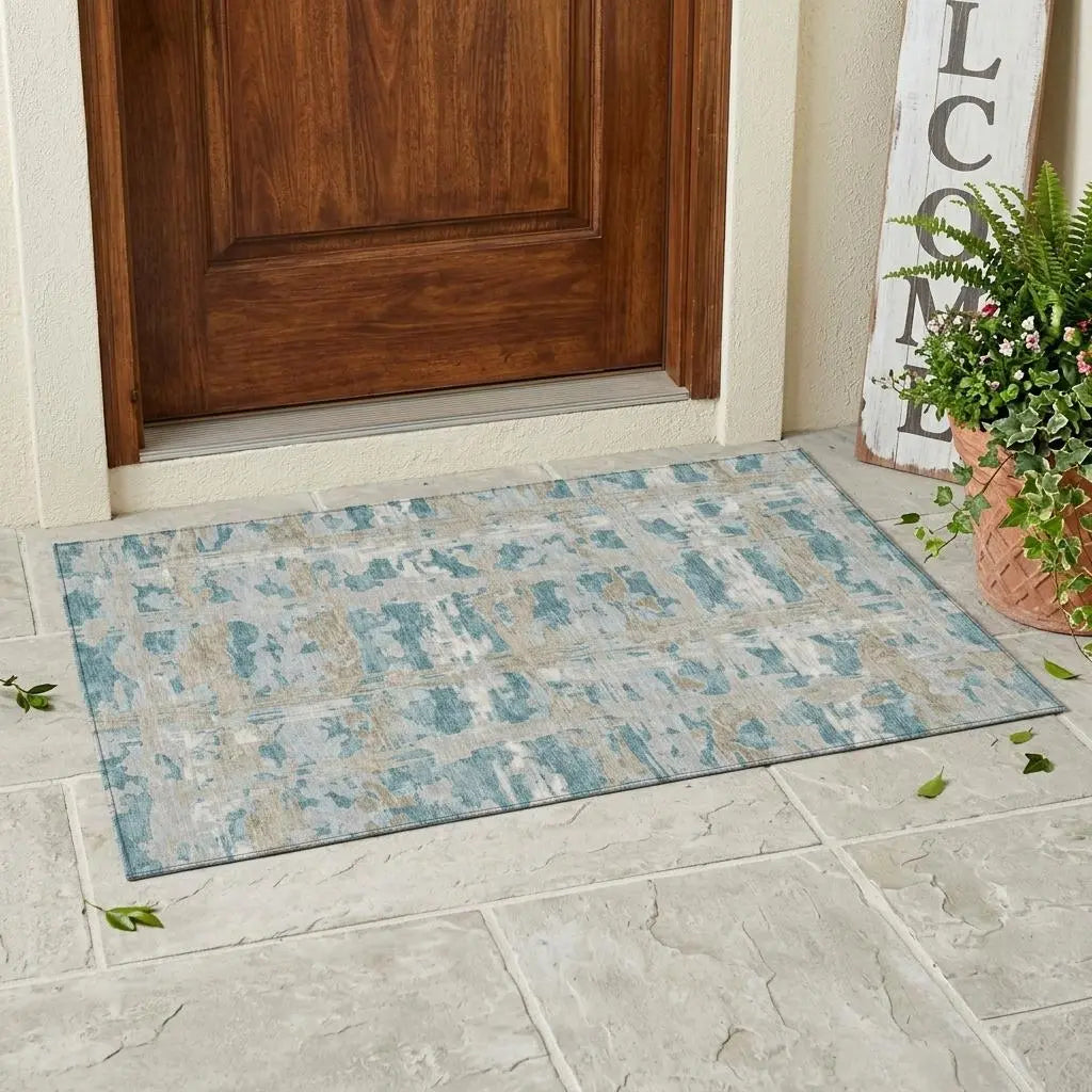 3' X 5' Teal Blue And Silver Abstract Washable Indoor Outdoor Area Rug Homeroots Outdoor