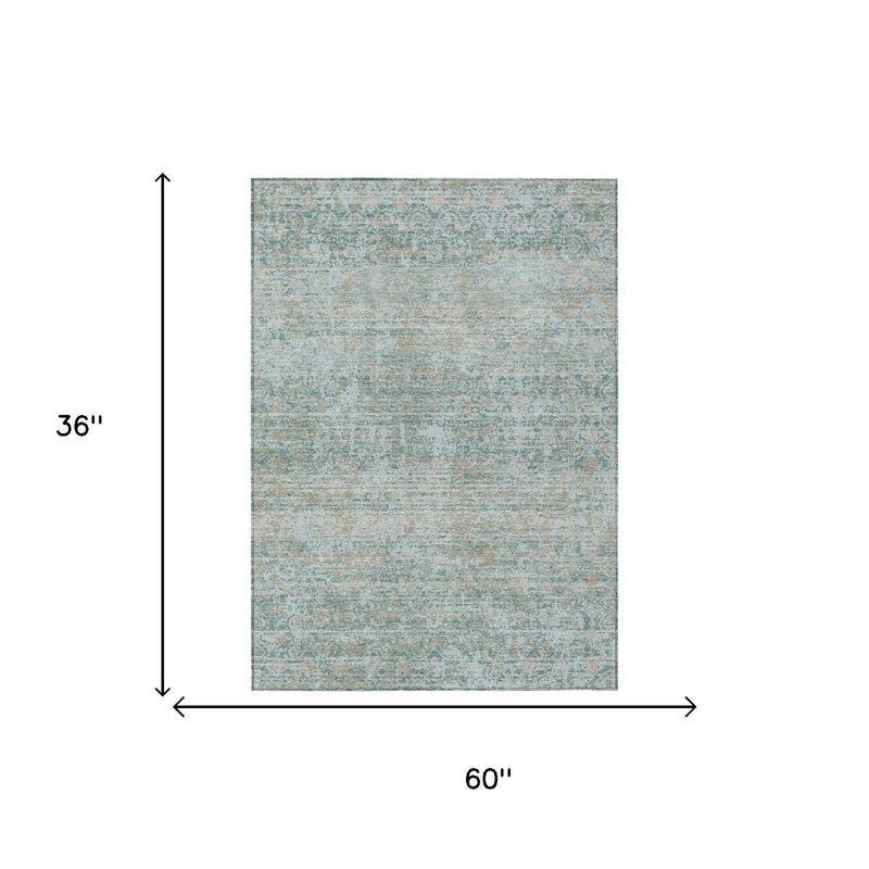 3' X 5' Teal Blue And Silver Abstract Washable Indoor Outdoor Area Rug Homeroots Outdoor
