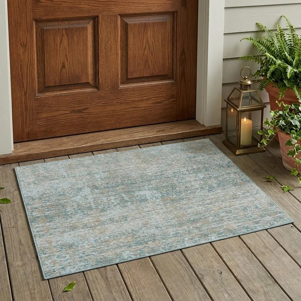3' X 5' Teal Blue And Silver Abstract Washable Indoor Outdoor Area Rug Homeroots Outdoor