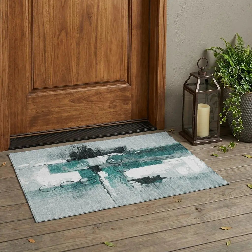 3' X 5' Teal Blue And Silver Abstract Washable Indoor Outdoor Area Rug Homeroots Outdoor