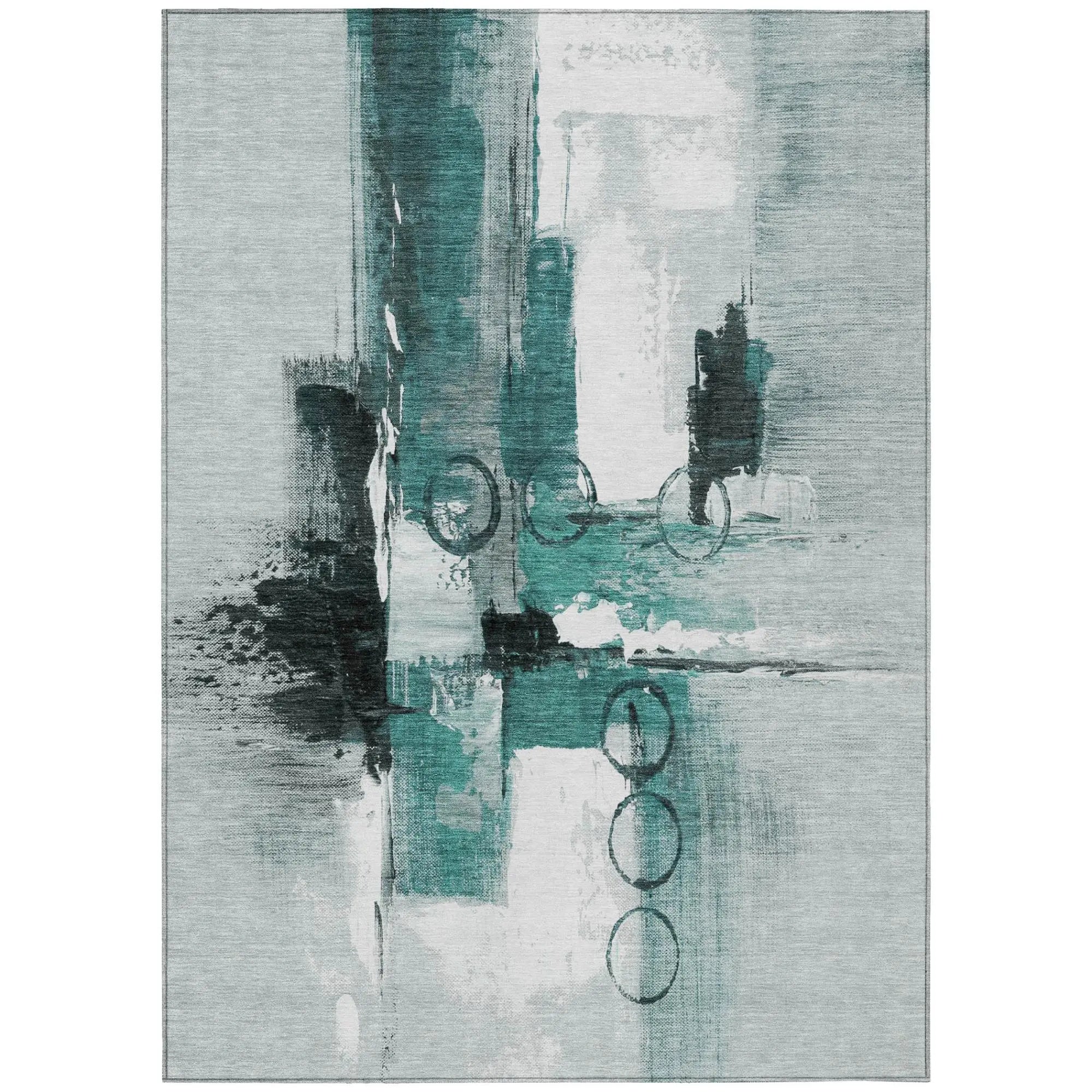 3' X 5' Teal Blue And Silver Abstract Washable Indoor Outdoor Area Rug Homeroots Outdoor