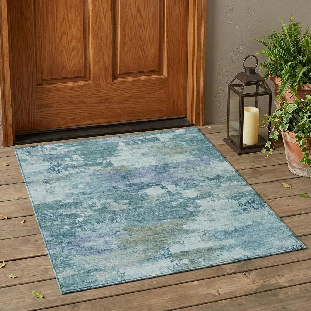 3' X 5' Teal Blue And Silver Abstract Washable Indoor Outdoor Area Rug Homeroots Outdoor