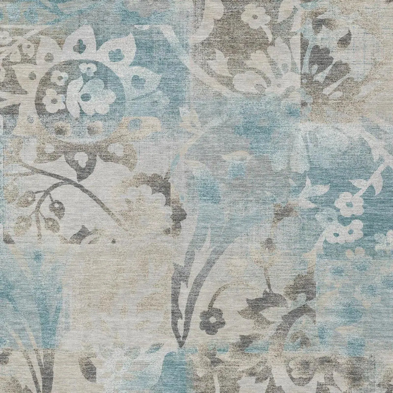 3' X 5' Teal Blue And Silver Botanical Leaves Washable Indoor Outdoor Area Rug Homeroots Outdoor