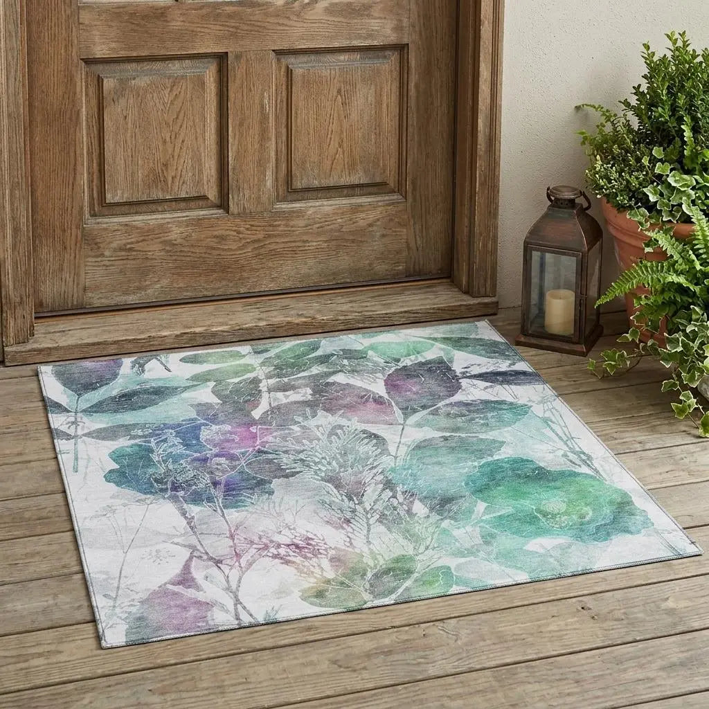 3' X 5' Teal Blue And Silver Botanical Leaves Washable Indoor Outdoor Area Rug Homeroots Outdoor