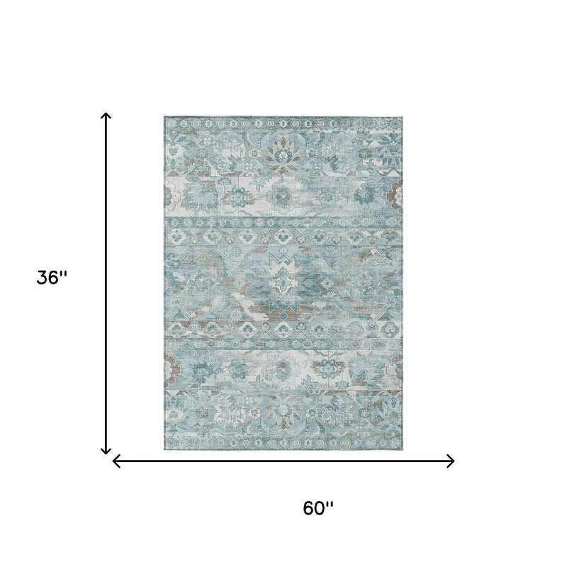3' X 5' Teal Blue And Silver Cactus Washable Indoor Outdoor Area Rug Homeroots Outdoor