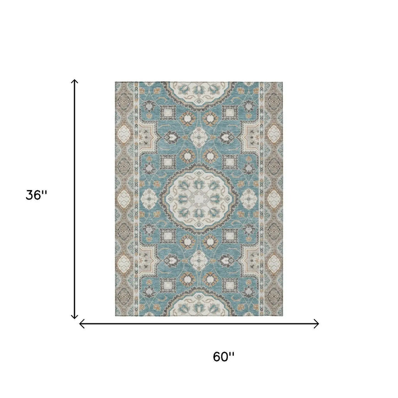 3' X 5' Teal Blue And Silver Floral Medallion Washable Indoor Outdoor Area Rug Homeroots Outdoor