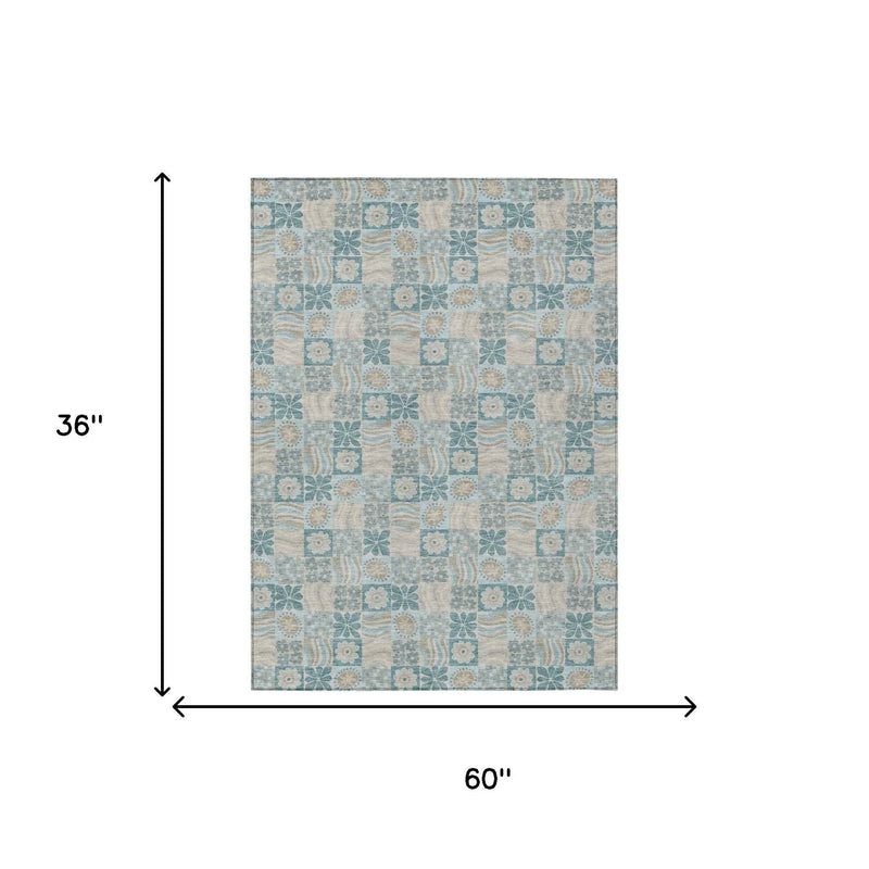 3' X 5' Teal Blue And Silver Floral Washable Indoor Outdoor Area Rug Homeroots Outdoor