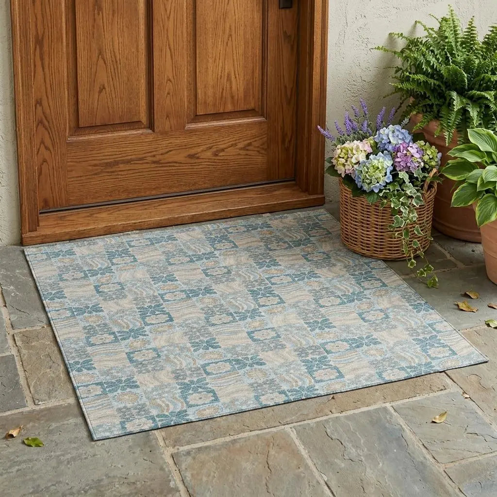 3' X 5' Teal Blue And Silver Floral Washable Indoor Outdoor Area Rug Homeroots Outdoor