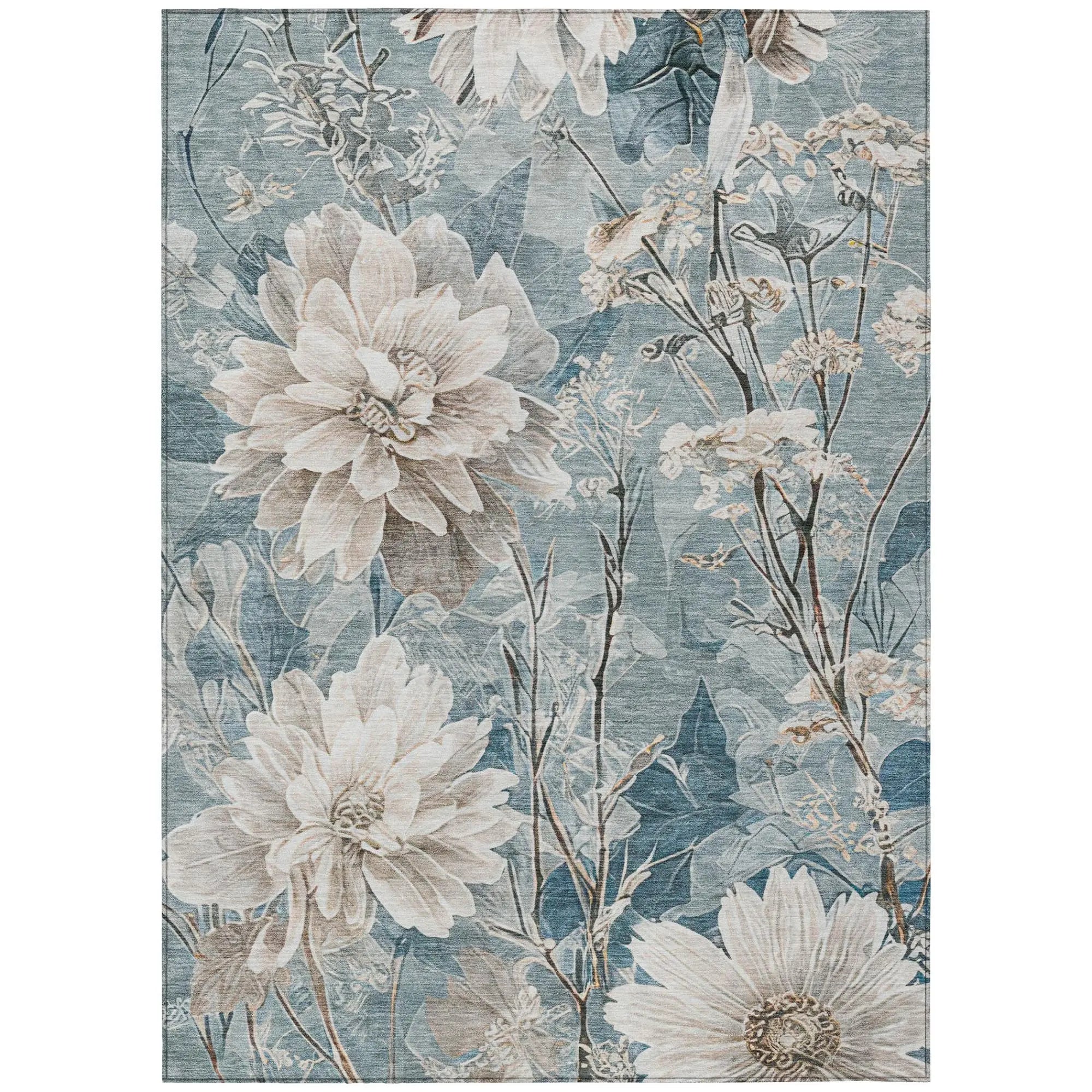 3' X 5' Teal Blue And Silver Floral Washable Indoor Outdoor Area Rug Homeroots Outdoor