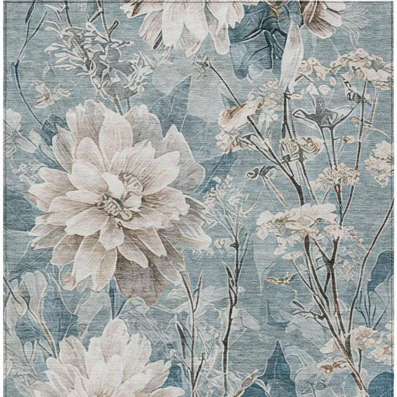 3' X 5' Teal Blue And Silver Floral Washable Indoor Outdoor Area Rug Homeroots Outdoor