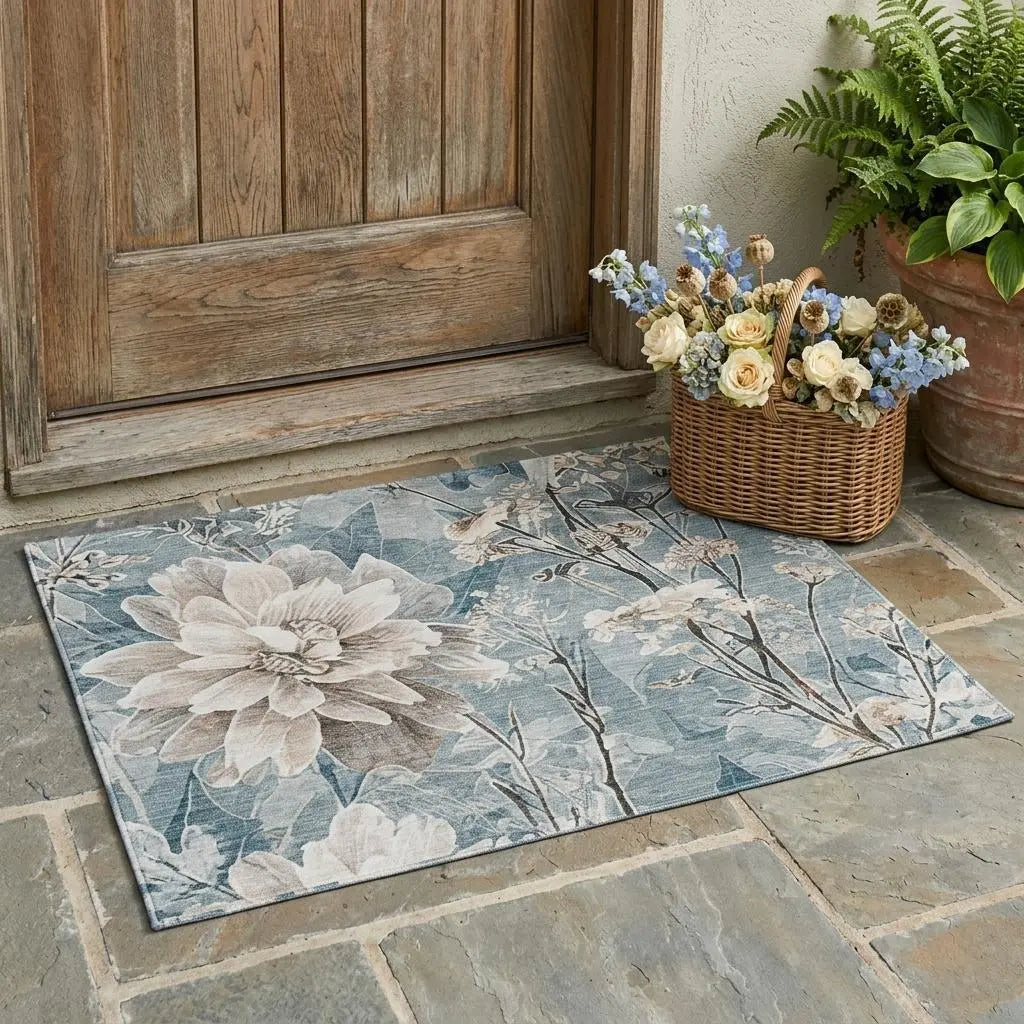 3' X 5' Teal Blue And Silver Floral Washable Indoor Outdoor Area Rug Homeroots Outdoor