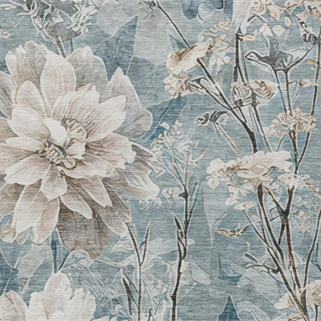 3' X 5' Teal Blue And Silver Floral Washable Indoor Outdoor Area Rug Homeroots Outdoor