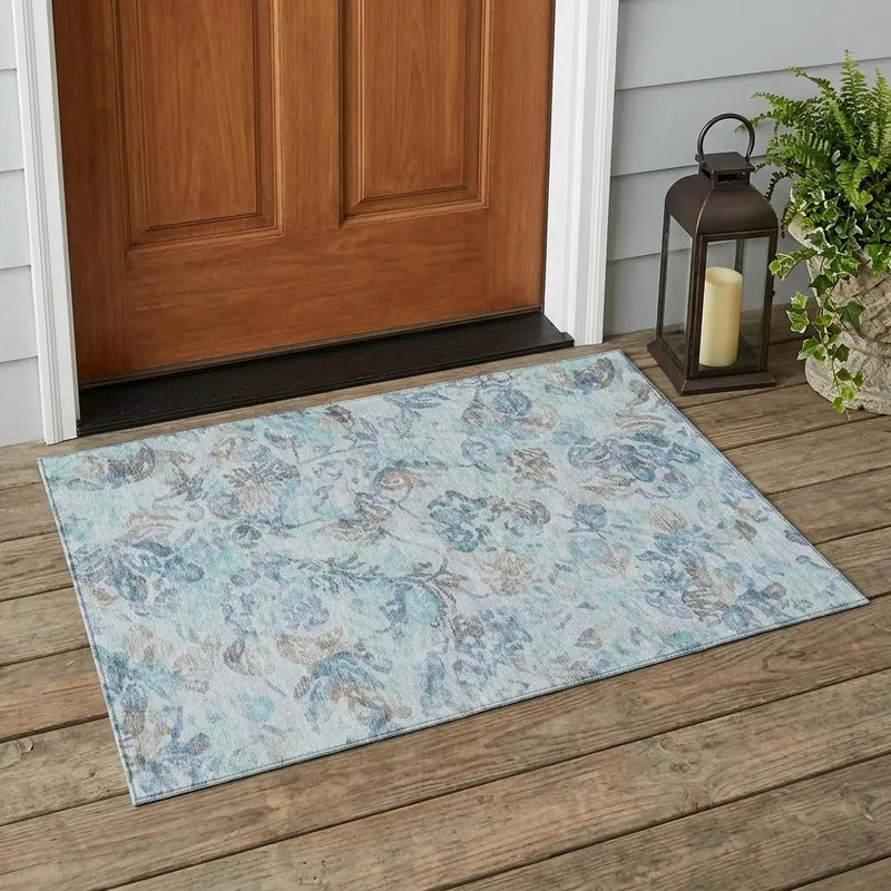 3' X 5' Teal Blue And Silver Floral Washable Indoor Outdoor Area Rug Homeroots Outdoor